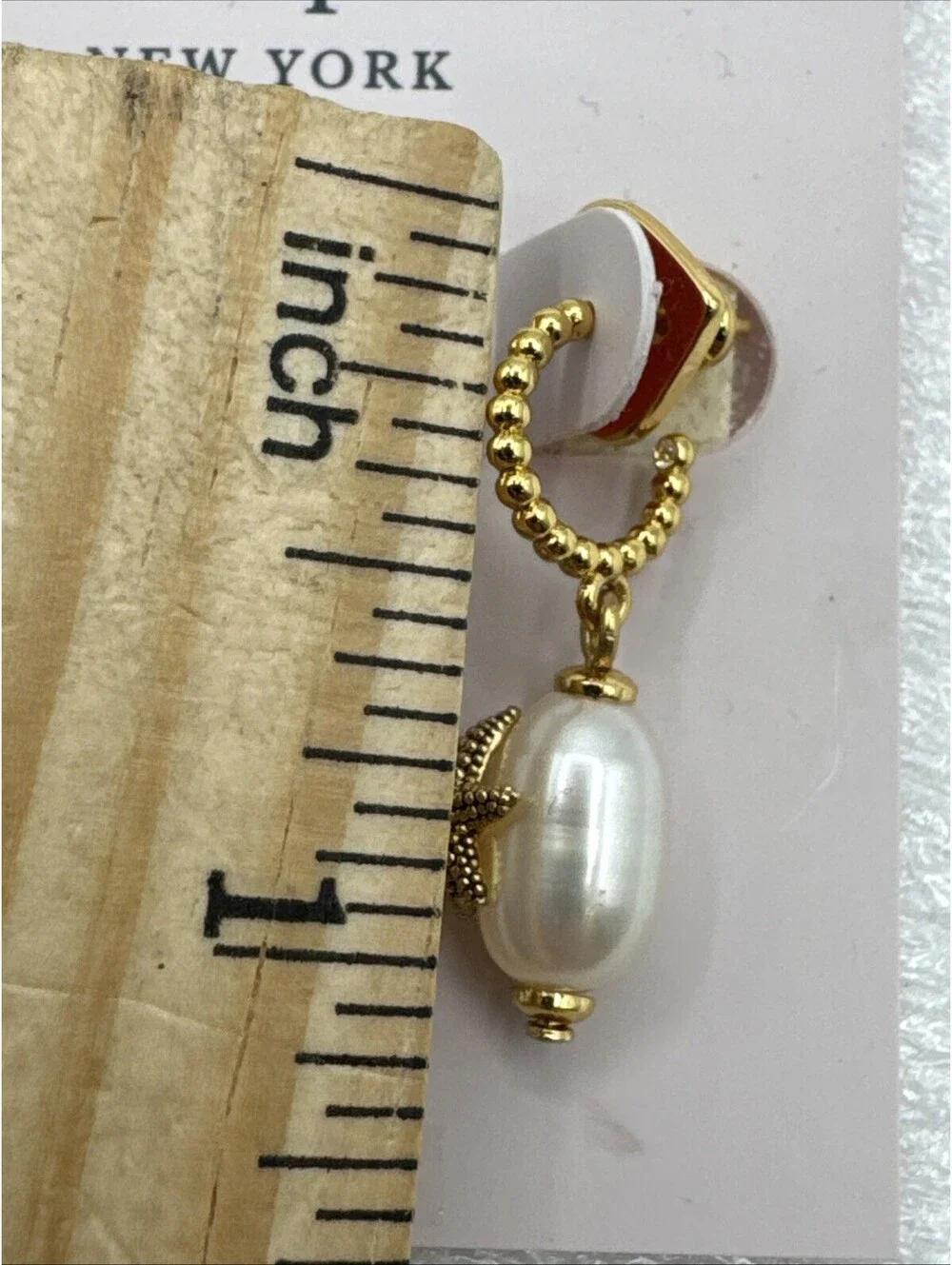 Kate Spade Coral Enamel Fresh Water Pearl Drop Earrings Starfish Gold Tone 1”